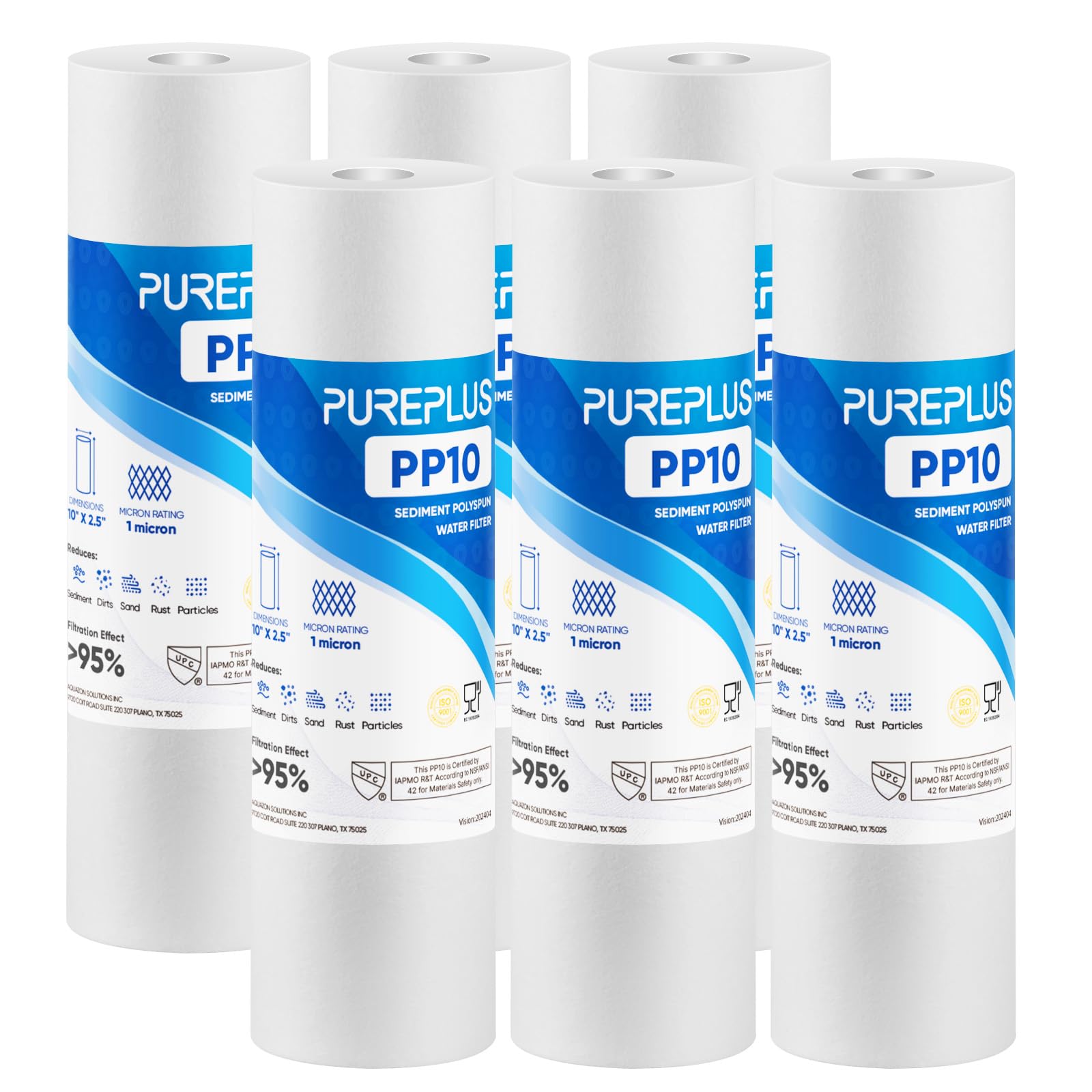 PUREPLUS 1 Micron 10" x |5" Whole House Sediment Filter Cartridge for RO Units, Culligan P5 & More, 6Pack